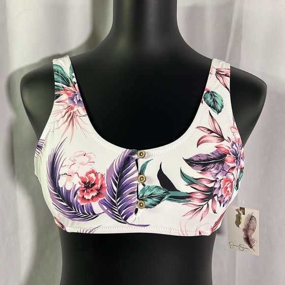 NWT Jessica Simpson White & Purple Tropical Print Button Bralette Bikini Top - Picture 1 of 13